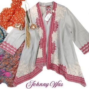 New Johnny Was Camille Draped Embroidered Grey Red Cardigan Sz L